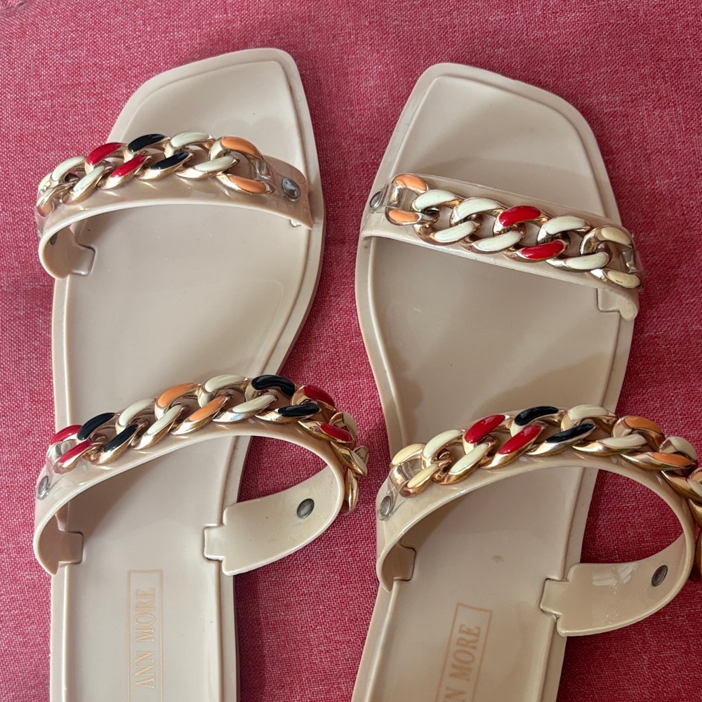 Chain-Embellished Beige Sandals